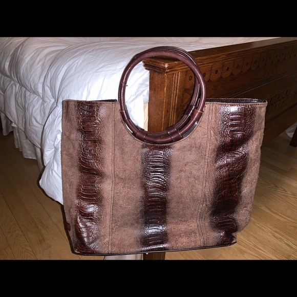 Brown suede and snake print style leather purse - Picture 2 of 5